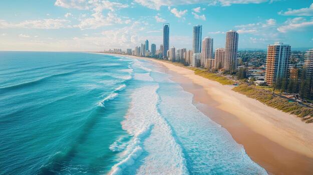 ocean-waves-meet-beach-sand-tall-buildings-line-the-coast-under-a-bright-blue-sky-water-is-turquoise-aerial-view-of-shoreline-photo
